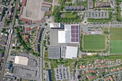 High angle view of buildings in city