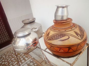 High angle view of glasses on table