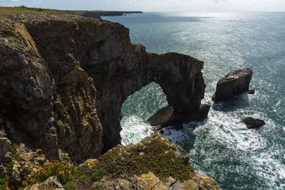 High angle view of rocks on sea shore