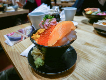 Close-up of sushi served on table