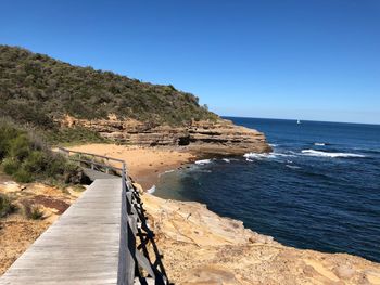 Scenic view of sea against clear blue sky