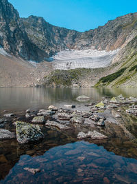 Scenic view of lake by mountains against clear sky