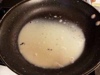 High angle view of soup in pan