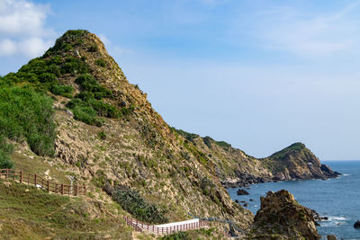 Scenic view of sea and mountains against sky