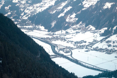 High angle view of trees on snow covered landscape