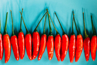 Close-up of red chili over blue background