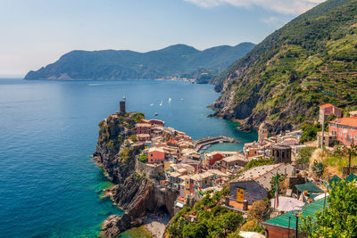View of vernazza village  and sea bay of  cinque terre area,  liguria, italy,  june, 2019.