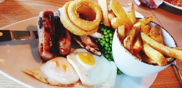 High angle view of breakfast served on table