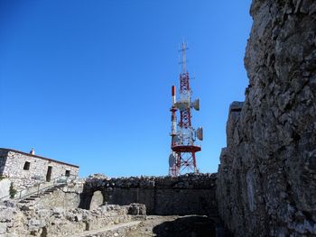 Low angle view of built structure against clear blue sky