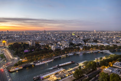Aerial view of paris and the river seine  at sunset