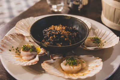 High angle view of food served in plate