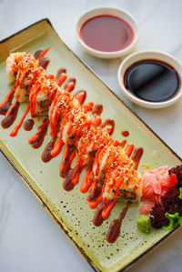 High angle view of sushi in plate