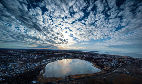 High angle view of dam at sunset