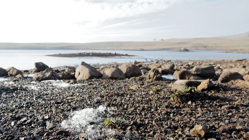 Rocks on beach against sky