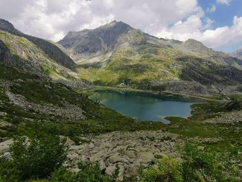 Scenic view of lake and mountains against sky