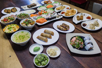 High angle view of food served on table