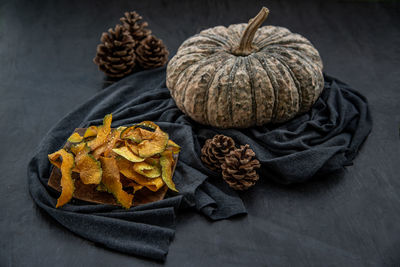 High angle view of pumpkins on table