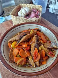 High angle view of food in plate on table