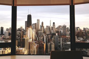 City skyline at sunset