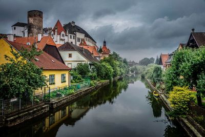 Panoramic view of buildings by river against sky