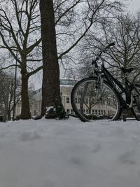 View of snow covered bicycle