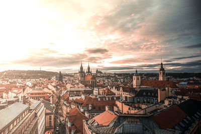 High angle view of cityscape against sky during sunset