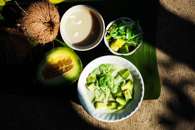 High angle view of salad in bowl on table