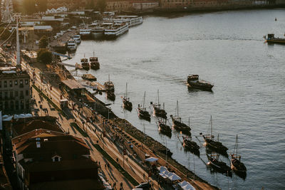 High angle view of river amidst buildings in city