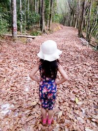 Rear view of little girl standing on dry leaves in forest