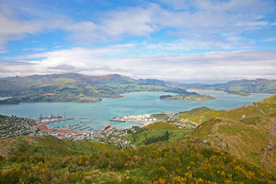 Scenic view of sea and mountains against sky