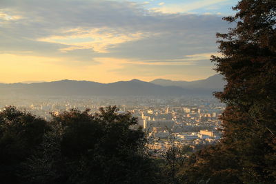 High angle view of townscape against sky at sunset