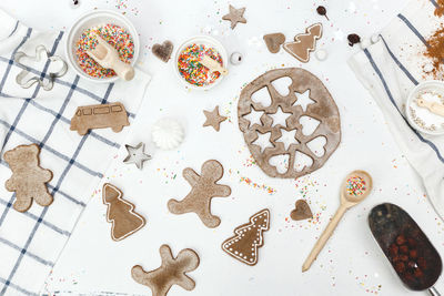 High angle view of cookies on table