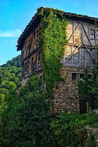 Low angle view of old house and trees against sky