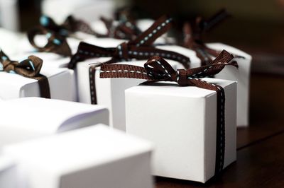 Close-up of gift boxes on table