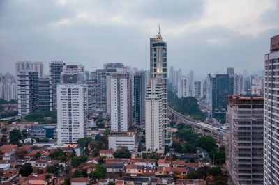 High angle view of buildings in city against sky