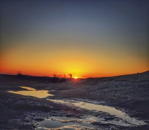 Scenic view of beach against clear sky during sunset