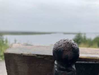 Close-up of wooden railing against lake
