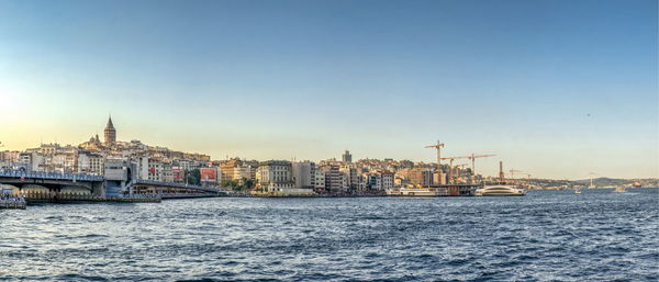 Sea by buildings against clear sky