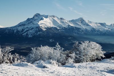 Scenic view of snowcapped mountains against sky