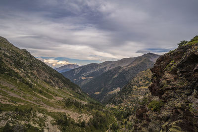 Scenic view of valley and mountains against sky