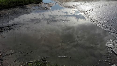 Reflection of clouds in puddle