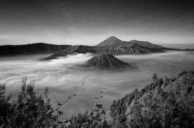 Panoramic view of volcanic landscape against sky