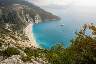 High angle view of sea and mountains