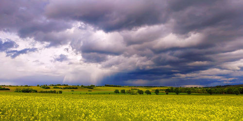 Scenic view of field against cloudy sky
