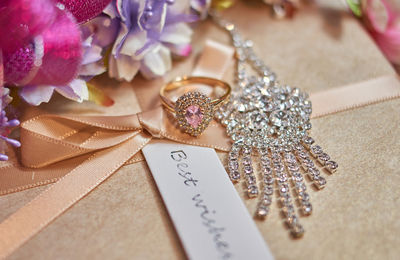 High angle view of christmas ornaments on table