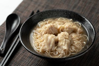 High angle view of noodles in bowl