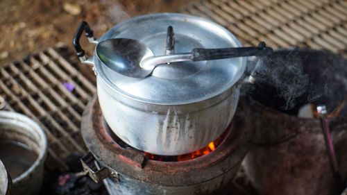 High angle view of cooking on barbecue grill