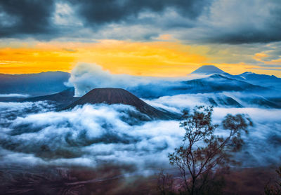 Scenic sunrise over the volcanic mt. bromo, indonesia