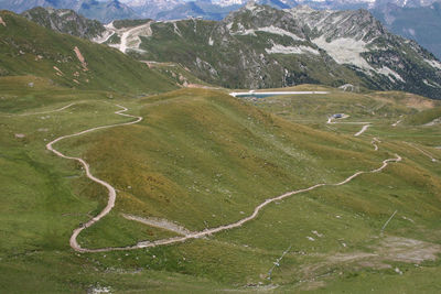 High angle view of path amidst mountains