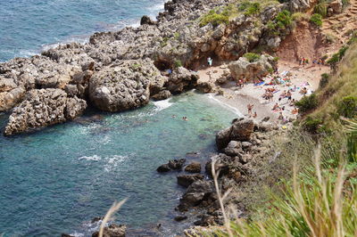 High angle view of rocks at shore